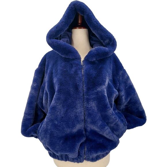 FRENCH CONNECTION sz 2 XS Eclipse Blue Faux Fur Hoodie Full Zip Jacket b133 - Picture 1 of 11